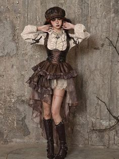 #HauntChic #HalloweenOutfits #SpookyStyle #CostumeInspo #GlamGhouls #WickedWardrobe #TrickOrChic #HalloweenVibes #DressUpDelight #FrightfullyFashionable Steampunk Mode, Steampunk Outfits, Moda Steampunk, Rok Midi, Sandal Tali, Mode Steampunk, Halloween Idea, Steampunk Dress, Corset Outfit