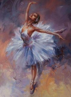 an oil painting of a ballerina in white tutu and blue leotards