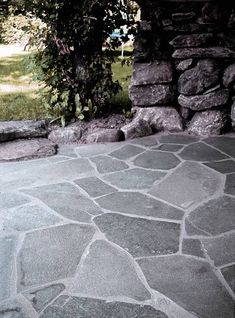 a stone walkway with trees and grass in the background