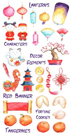 an image of chinese lanterns and other things in watercolor on white paper with the words,