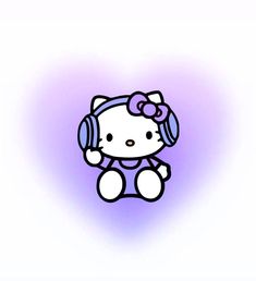 a hello kitty with headphones sitting on top of it's back legs in front of a purple background