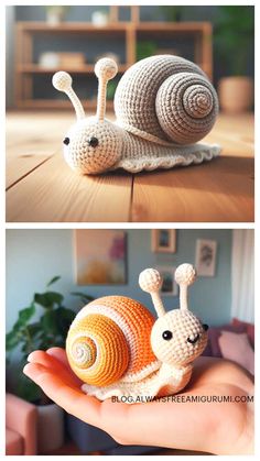 crocheted snail is sitting on top of a table and the bottom shows an image of