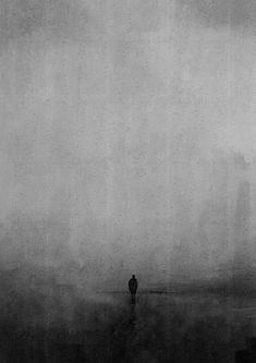 a person standing in the middle of a foggy field