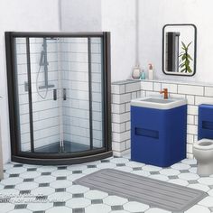 an image of a bathroom setting with toilet, sink and shower stall in the corner