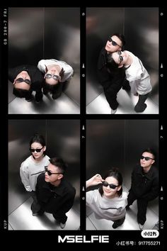 four different shots of a man and woman in sunglasses