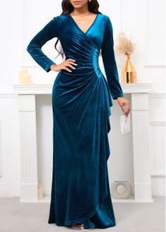 Color:Peacock Blue;Size:M;Size:L;Size:XL;Size:XXL;Package Contents:1 X Dress;Occasion:Other;Style:Casual; Blue Velvet Long Sleeve Dress, Peacock Color Dress, Blue V Neck Dress, Velvet Long Sleeve Dress, Long Sleeve Dresses Fall, Long Sleeve Velvet Dress, Blue Long Sleeve Dress, Color Inspo, Blue V