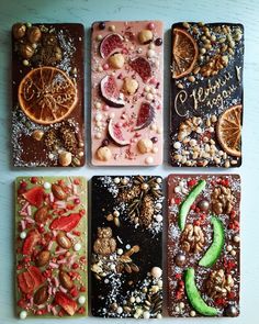 four different types of chocolates with nuts and fruit on them are arranged in the shape of rectangles