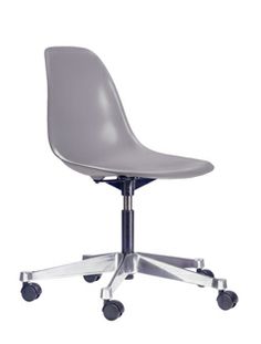 a grey office chair with wheels on an isolated white background, viewed from the front