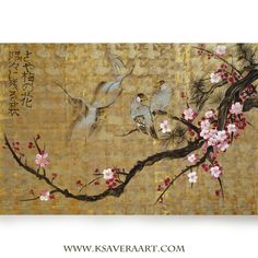 Japan art cherry blossom and love birds Japanese style painting  Large unstretched canvas painting acrylic gold wall art by artist Ksavera  110x160cm - unstretched rolled canvas. You can stretch it on 100x150cm frame. Sides will painted in relevant color. To have the painting stretched is a relatively inexpensive process from your local framer. Artist : Ksavera I will painted similar painting within 2 Woche after purchase Certificate of authenticity. Top quality acrylic paint on unstretched canv Japanese Style Painting, Canvas Painting Acrylic, Cherry Blossom Wall Art, Large Canvas Painting, Cherry Blossom Art, Gold Wall Art, Japanese Cherry Blossom, Art Japonais, Gold Wall