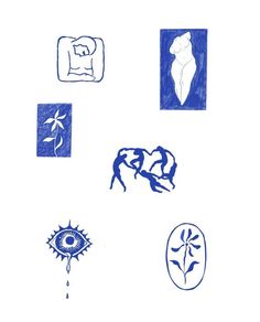 some blue and white drawings on a white background