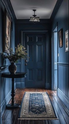 Blue Hallway Ideas, Deep Green Walls, Dark Hallway Ideas, Checkerboard Floors, Dark Hallways, Hallway Design Ideas, Dark Wooden Floor, Hallway Ceiling, Light Wooden Floor