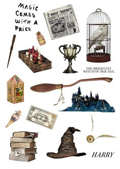 harry potter's hogwarts items are shown in this image with the words, magic comes with a price