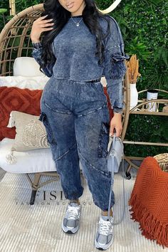 Fisdy - Elegante Conjunto Casual de Dos Piezas Sólido con Cuello en O y Mangas Largas Patchwork Outfit, Long Sleeve Suit, White Fashion Casual, Two Piece Jumpsuit, Two Piece Pants Set, Sweatpants Set, Tracksuit Set, Patchwork Designs, Crop Shirt