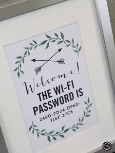 a white frame with a green and black print on the bottom that says, i know the wi - fi password is