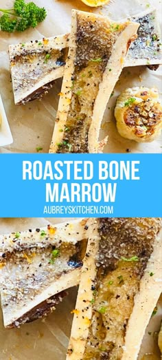 Roasted bone marrow recipe. Bone marrow on plate with roasted garlic. What To Do With Beef Bones, Bone Marrow Recipe Baby, Bone Marrow Butter Lost Kitchen, How To Cook Marrow Bones, Oven Roasted Bone Marrow, Bone Marrow Sauce