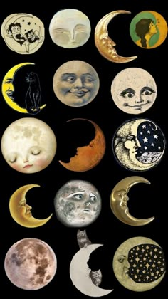 an assortment of different moon images on a black background