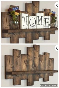 two wooden shelves with vases on top of them and the words home above them