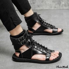 Olivia Mark - High-top Soft Leather Breathable White Casual Beach Sandals for Outdoor Wear Casual Beach Sandals, Royal Blue Shoes, Shoes 2022, Mens Ankle Boots, Roman Sandals, Outdoor Slippers, Roman Fashion, Sandals Casual, Leather Sandals Flat