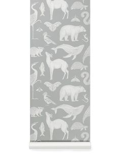 a grey wallpaper with white animals and plants on the side, against a white background