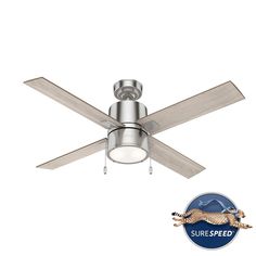 a ceiling fan with a light on top of it and a sticker for sure speed