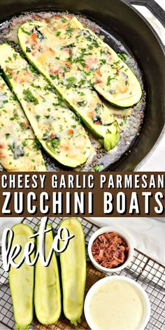 cheesy garlic parmesan zucchini boats in a cast iron skillet