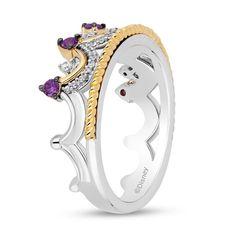 Declare your inner royalty with this amethyst and diamond crown ring from the Enchanted Disney Fine jewelry Collection inspired by Disney’s Wish. Sterling silver and 10K gold. Amethyst and diamonds dot the top of the crown. Silver diamond-lined and polished yellow gold ribbons atop a yellow gold rope-textured base. 1/6 ct. t.w. of diamonds. Available in size 7 only. ©Disney. Diamond Crown Ring, Disney Wish, Crown Silver, Enchanted Disney, Enchanted Disney Fine Jewelry, Disney Fine Jewelry, Diamond Crown, Crown Ring, Gold Ribbons