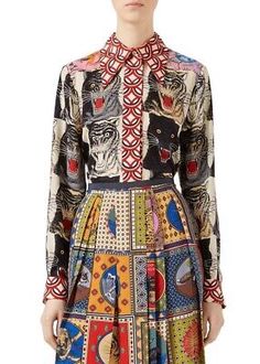 ad eBay - PRE-FALL 2017 SILK TIGER PRINT BLOUSE. Tiger Face patchwork print silk crêpe de chine. Straight fit. Point collar. Each pattern is specifically placed to achieve the final look. _Total length from centre at back to hem = approx.68cm. Gucci Tiger, Gucci Top, Gucci Dress, Blouse Silk, Printed Silk Shirt, White Shirts Women, Tiger Face, Weekend Wear, Silk Skirt