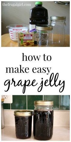 jars filled with black liquid and labeled how to make easy grape jellies on the counter