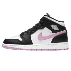 After dressing up in carbon fiber, the Air Jordan 1 Mid is going back to basics, releasing in yet another girls exclusive that pairs up black with a small touch of light pink. The latter tone, though placed in a more supportive role to its adjacent neutrals, steals the eye as it arcs across the profile, the leather swoosh made to match that of the Jumpman tab at the tongue as well as the tread just below. Elsewhere, white outfits the base as well as the Wings insignia and midsole, while polished black paneling and laces wrap the lace unit, forefoot, and heel. Size & Fit This trainer comes in Grade School sizing and therefore fits small, if you are an adult we recommend taking a half size up from your normal size. Black And Pink Jordans, Jordan Collection, Air Jordan 1 Mid Gs, Lace Wrap, Loafer Sneakers, Tunic Tank Tops, Swag Shoes, Cotton Bottoms, Air Jordan 1 Mid