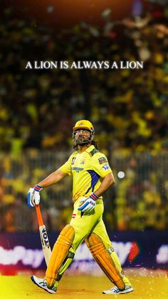 a man in yellow uniform holding a baseball bat on top of a field with words above him