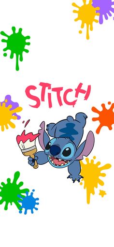 an image of stitch with paint splats and the word stitch on it's side