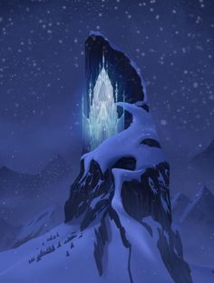 a snowy mountain with a castle in the middle and snow falling off it's sides