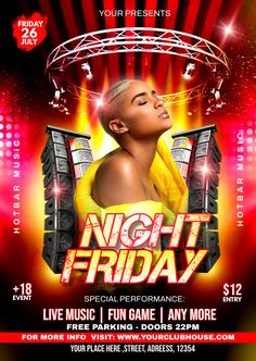 the flyer for night friday with an image of a woman in yellow