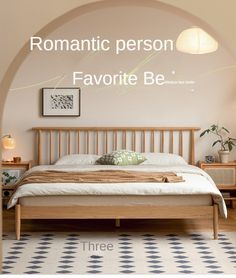 there is a bed with white sheets and pillows in the room that says romantic person favorite be