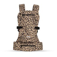 a baby carrier with a leopard print pattern on the front and back, it has black straps