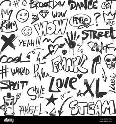 black and white graffiti style wallpaper with various phrases - stock image, background or texture