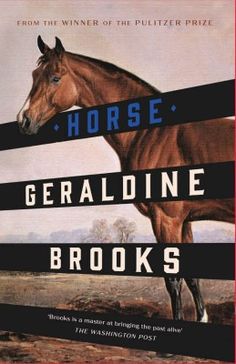 a horse standing on top of a field next to a sign that says geraldine brooks