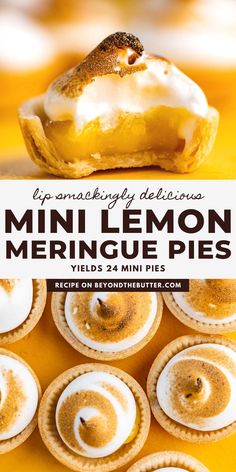 mini lemon meringue pies with whipped cream on top and the title overlay