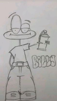 a drawing of a cartoon character holding a coffee cup and an object in his hand