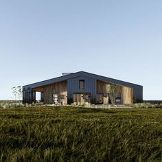 an artist's rendering of a modern house in the middle of a grassy field