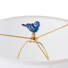 a blue bird sitting on top of a white table