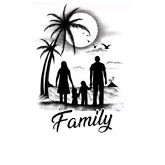 a family silhouetted against the background of palm trees and an ocean with a full moon in the sky