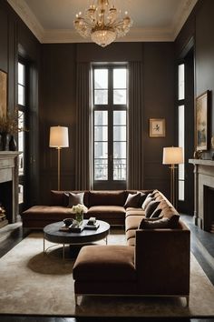 a living room filled with lots of furniture and a chandelier above the fireplace