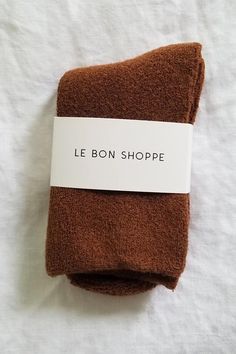 Le Bon Shoppe comfy, cozy, terry cloth Cloud socks. 85% Cotton, 13% Polyester, 2% Spandex. PIPE AND ROW Soft Comfortable Socks, Cozy Soft Knit Socks For Loungewear, Cozy Soft Knit Loungewear Socks, Super Soft Comfortable Socks, Cozy Soft Brown Socks, Cozy Brown Socks For Stocking Stuffers, Cozy Warm Brown Socks, Comfortable Soft Brown Socks, Cloud Socks