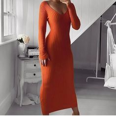 Nwot Excellent New Condition No Flaws Orange Cable Knitted Maxi Ling Sleeves V Neck Dress. (Stretchy But Substantially Good Quality For The Brand) Maxi Length Fashionova Box 65 Knitted Stretch V-neck Dresses, Casual Orange Winter Dress, Orange Casual Winter Dress, Casual Knit Midi Dress With V-neck, Casual V-neck Knit Midi Dress, Casual Knit V-neck Midi Dress, Casual Knitted Maxi Dress, Knitted V-neck Party Dress, Fitted Orange Knit Dress