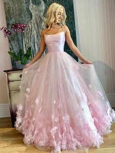 Pink Tulle Evening Dress, 3d Applique, Pink Spaghetti, Prom Dresses Long Pink, Prom Dresses Elegant, Pink Evening Dress, Maxi Dress Wedding Guest, Spaghetti Strap Prom Dress