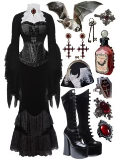 Vampire Aesthetic Outfit Woman, Goth Outfit Board, Vamp Goth Outfit, Vampiric Fashion, Goth Outfit Inspiration, Romantic Goth Fashion, Vampire Goth Outfits, Vampire Goth Fashion, Vamp Outfit