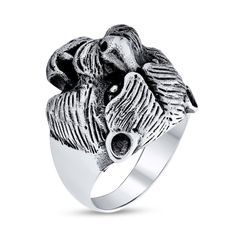 Make your grand entrance wearing a bold and rugged fashion statement - this oxidized bear head ring for men. Crafted in sterling silver This choice draws attention with a roaring bear head in sculpted relief. Intricately sculpted hair details shine along the tapered shank. Black enamel and oxidized details add depth and dimension to the look. Rugged Fashion, Sculpted Hair, Roaring Bear, Bear Ring, Hair Details, Bear Head, Head Ring, Rugged Style, Ring For Men