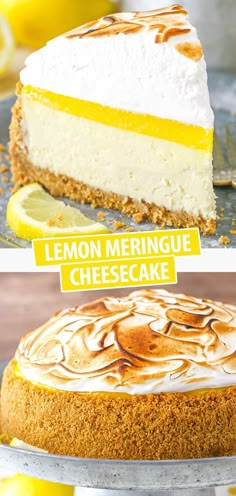 lemon meringue cheesecake on a plate with the words lemon meringue