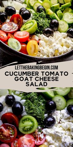 two pictures with different types of vegetables and the words letthebaking begin com cucumber tomato gourmet salad